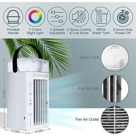 Portable Air Conditioner Fan 4 in1 Desktop Cooling Fan with 4 Wind Speed & 2 Spray Modes 7 Colors LED Light & 2-8H Timer 700ml Large Watertank High-Efficiency Cooling Fan for Room Office Bedroom