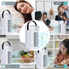 Portable Air Conditioner Fan 4 in1 Desktop Cooling Fan with 4 Wind Speed & 2 Spray Modes 7 Colors LED Light & 2-8H Timer 700ml Large Watertank High-Efficiency Cooling Fan for Room Office Bedroom