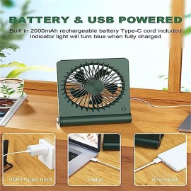 Small Desk Fan 2000mAh Rechargeable USB Fan Battery OperatedUltra Quiet Strong Wind 3 Speeds & aboutLonger Working 180Foldable Mini Desktop Fan for Home Office Travel Outdoor-Blue
