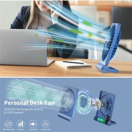 Small Desk Fan 2000mAh Rechargeable USB Fan Battery OperatedUltra Quiet Strong Wind 3 Speeds & aboutLonger Working 180Foldable Mini Desktop Fan for Home Office Travel Outdoor-Blue
