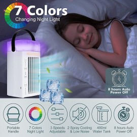 Portable Air Conditioner Fan 4 in1 Desktop Cooling Fan with 4 Wind Speed & 2 Spray Modes 7 Colors LED Light & 2-8H Timer 700ml Large Watertank High-Efficiency Cooling Fan for Room Office Bedroom
